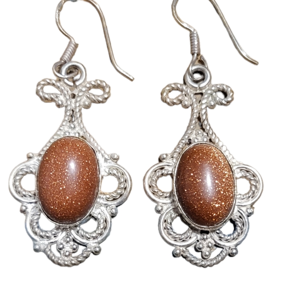 Vintage silver plated goldstone dangle filigree earrings